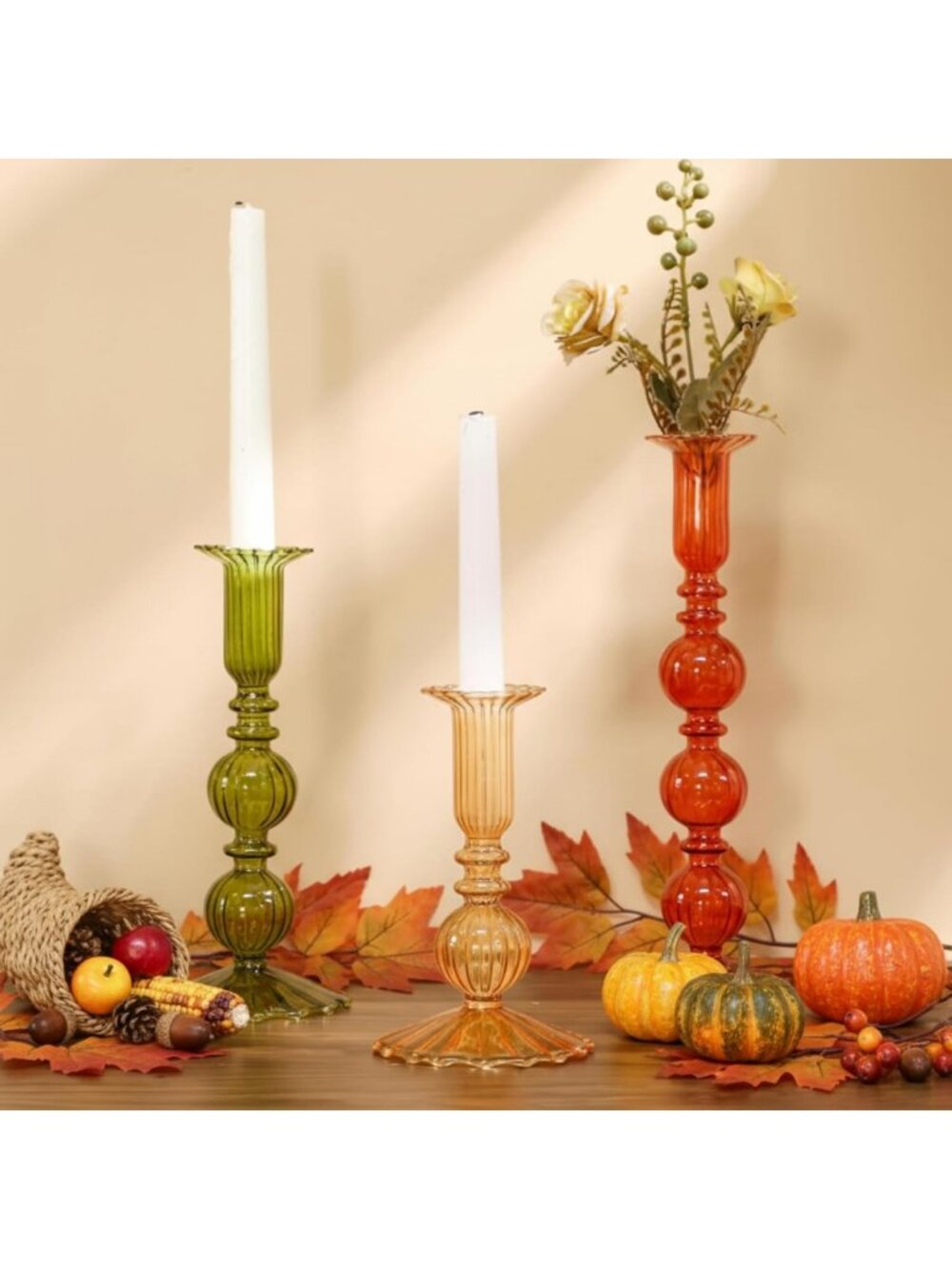 Set of 3 Fall Glass Taper Candle Holders - Elegant Home Decor Accent